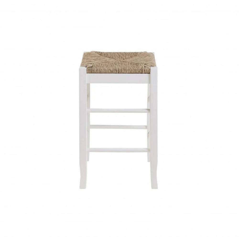 Square Wooden Frame Counter Stool With Hand Woven Rush, White And Brown - BM61433