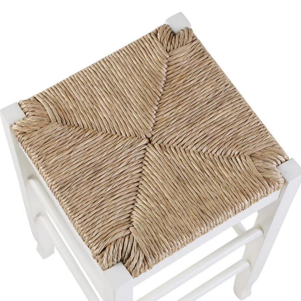 Square Wooden Frame Counter Stool With Hand Woven Rush, White And Brown - BM61433