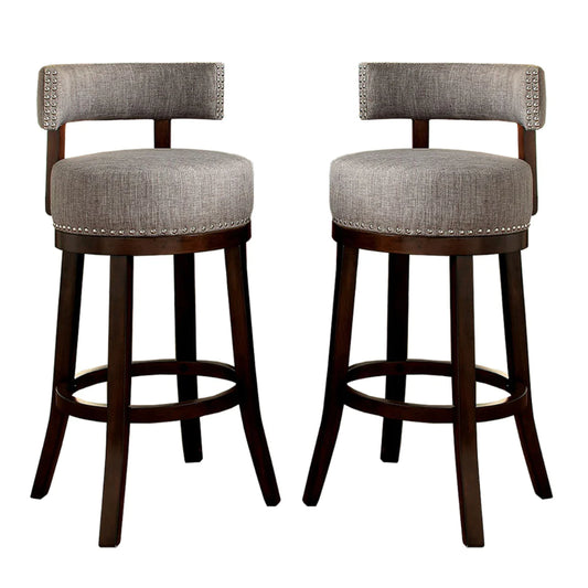 Swivel Barstool With Curved Open Low Back, Set Of 2, Gray And Brown - BM131357
