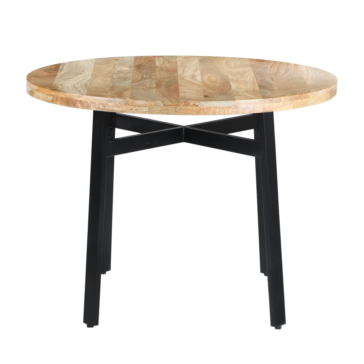 39 Inch Round Mango Wood Dining Table With Angled Iron Leg Support, Brown And Black - UPT-195277