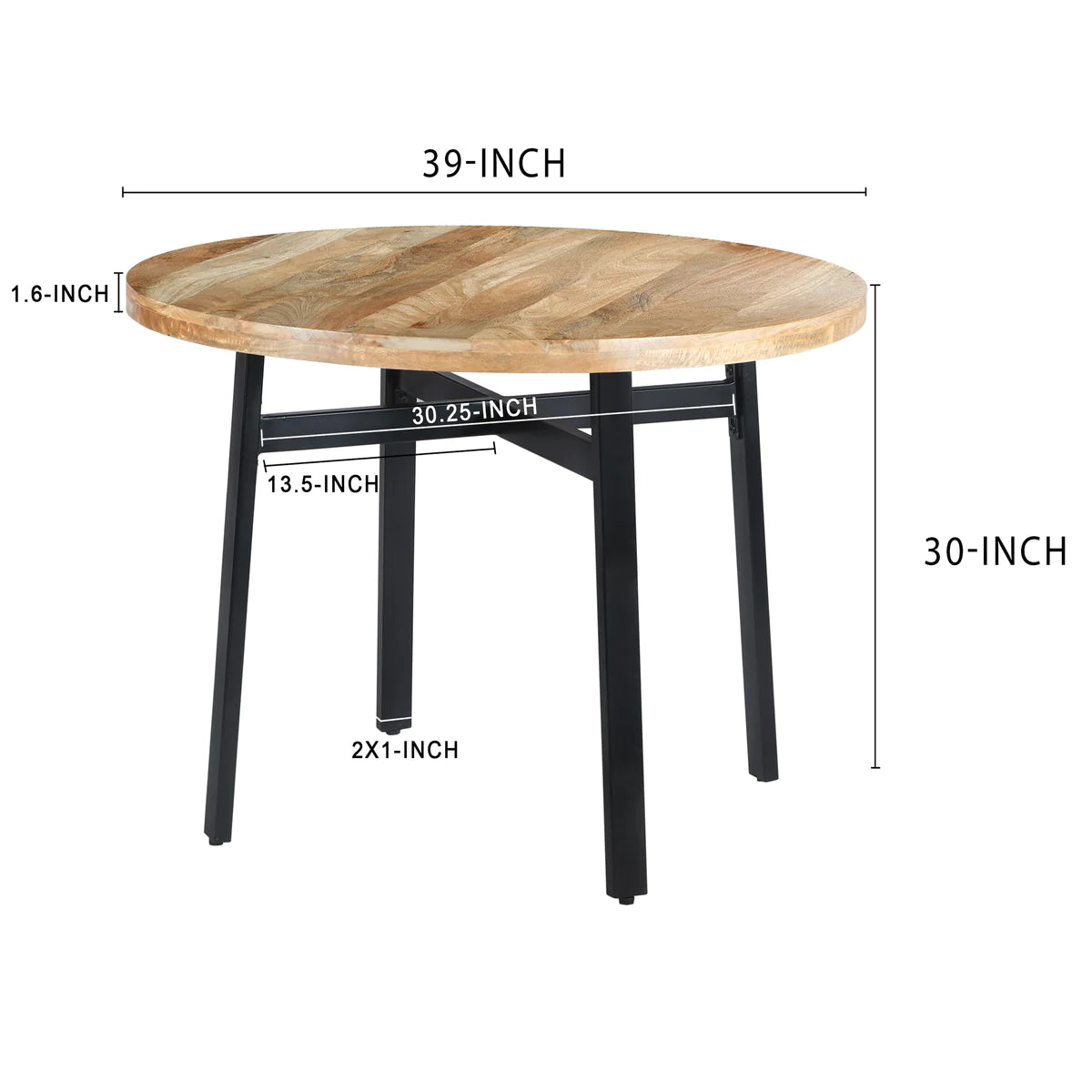 39 Inch Round Mango Wood Dining Table With Angled Iron Leg Support, Brown And Black - UPT-195277