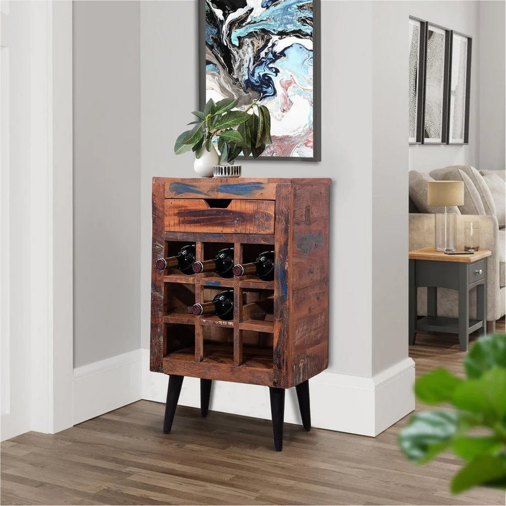 9 Bottle Storage Wine Rack Cabinet With 1 Drawer And Angled Metal Legs, Brown - UPT-238092