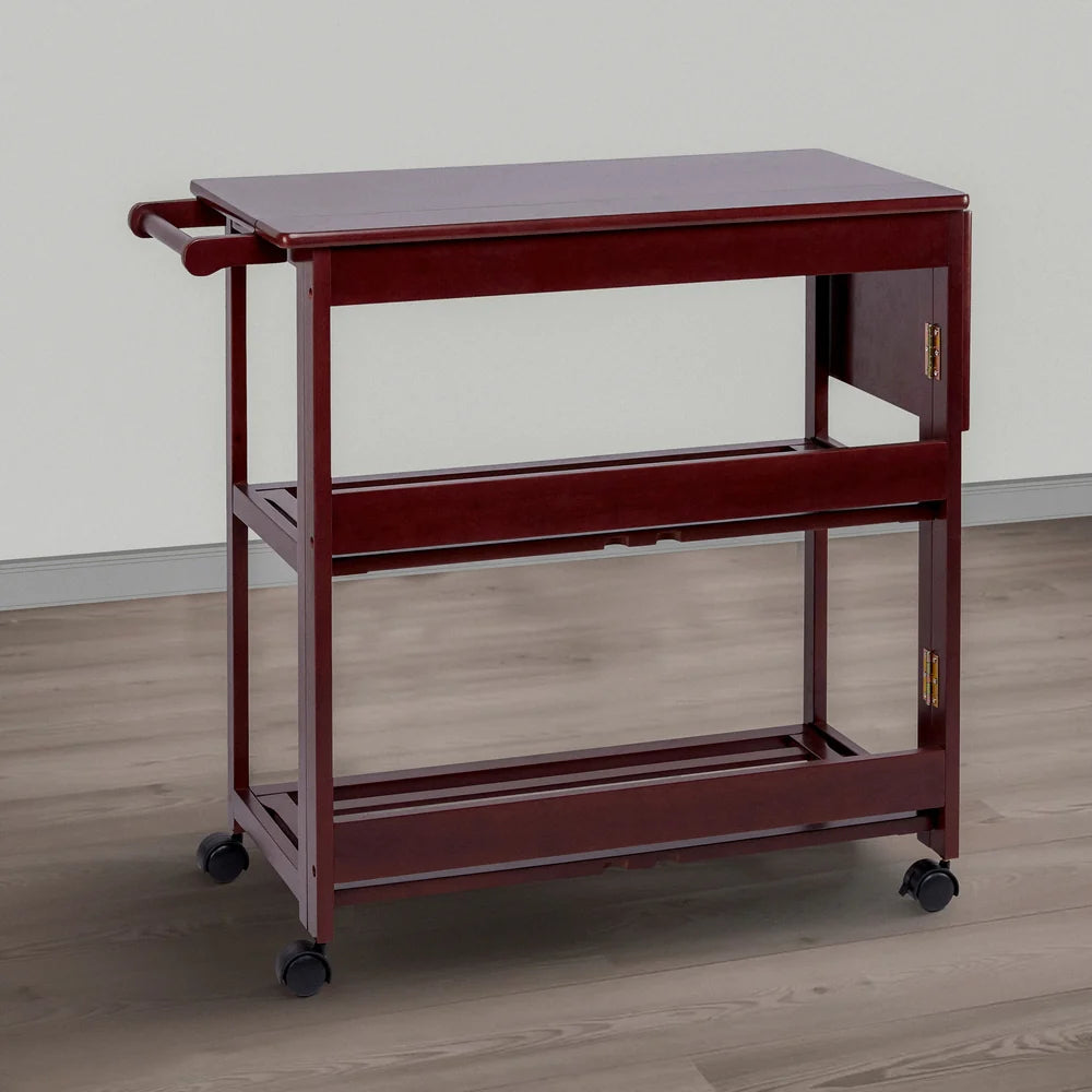 38 Inch Rubberwood Kitchen Cart, Knife Holder, Folding Frame, 2 Open Shelves, Brown - UPT-266389