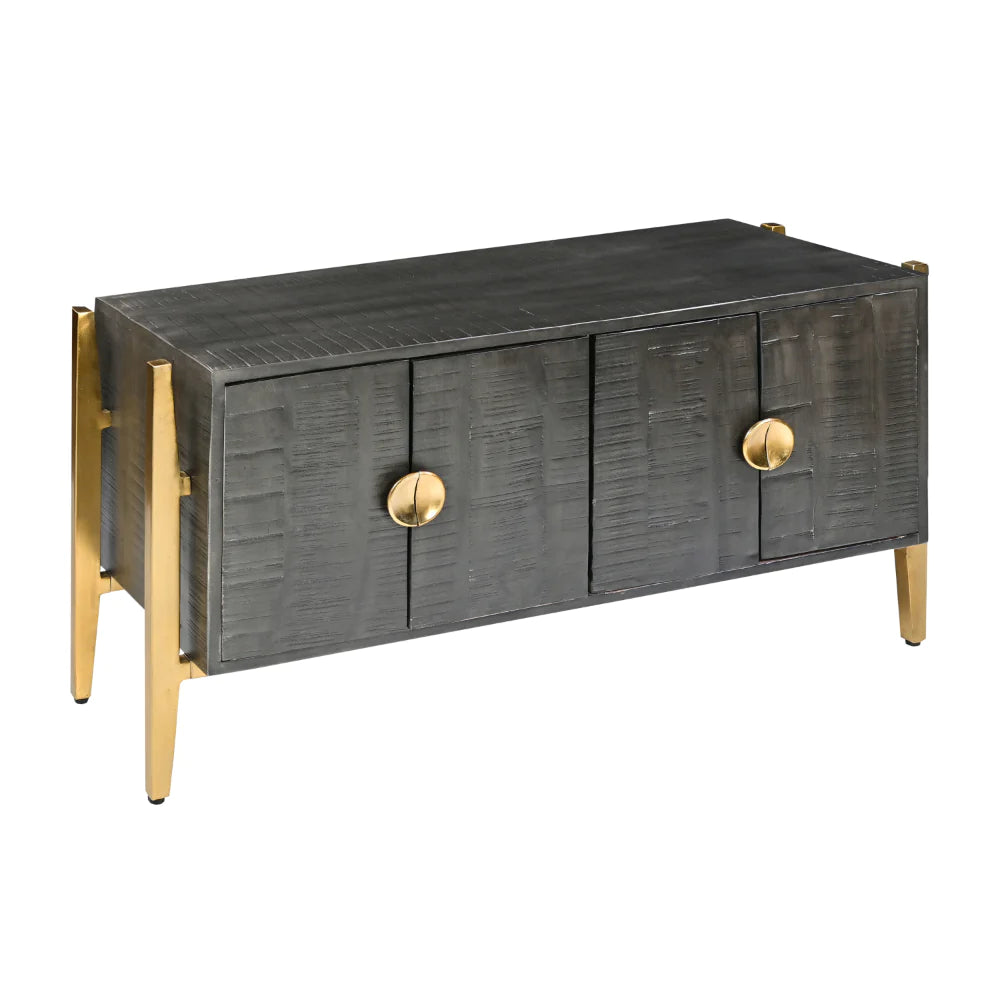 Tali 48 Inch Accent Sideboard Buffet Cabinet, 2 Doors With Gold Round Handles, Saw Marked, Charcoal Gray Acacia Wood - UPT-272889