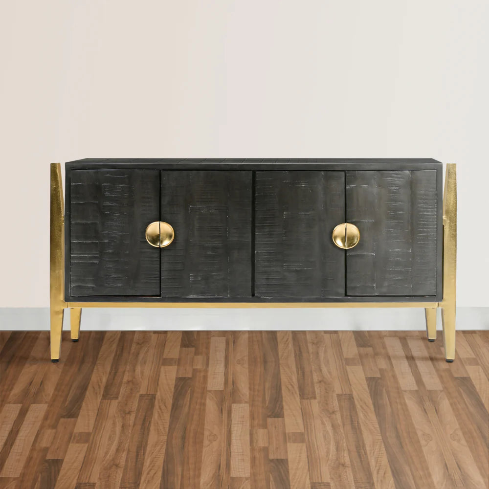 Tali 48 Inch Accent Sideboard Buffet Cabinet, 2 Doors With Gold Round Handles, Saw Marked, Charcoal Gray Acacia Wood - UPT-272889