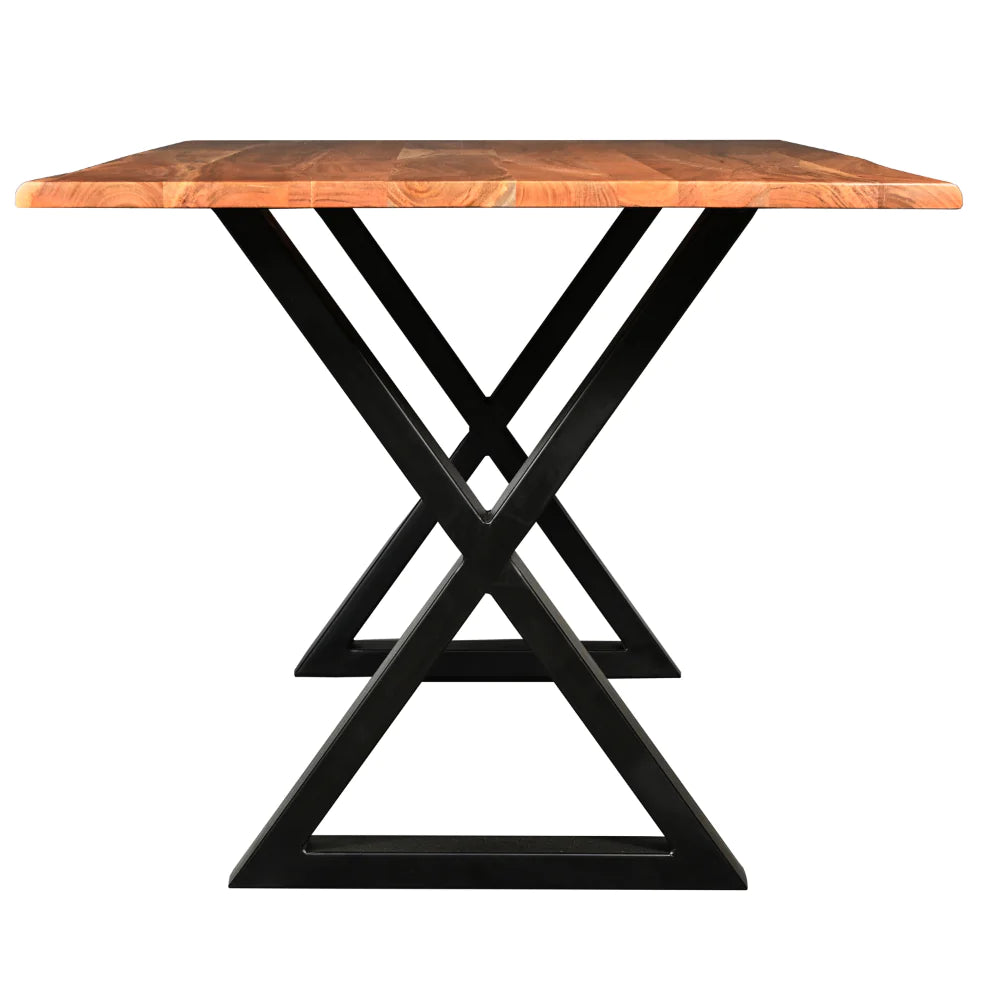 67 Inch Rectangular Dining Table With Crossed Black Metal Legs And Natural Brown Faux Live Edge Acacia Wood Top - UPT-273760