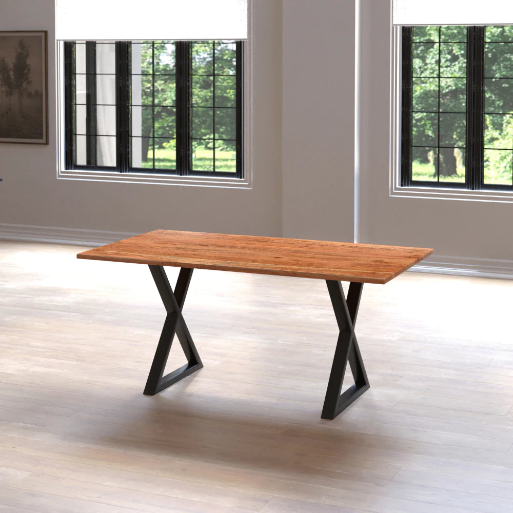 67 Inch Rectangular Dining Table With Crossed Black Metal Legs And Natural Brown Faux Live Edge Acacia Wood Top - UPT-273760