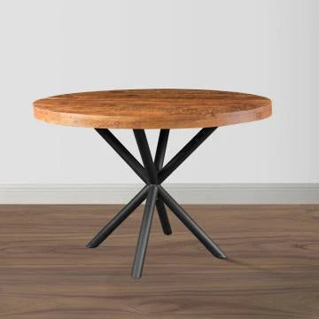 48 Inch Handcrafted Dining Table, Solid Mango Wood Round Top With Iron Crisscrossed Legs, Natural Brown And Black - UPT-273762