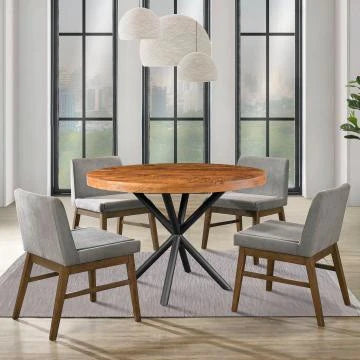 48 Inch Handcrafted Dining Table, Solid Mango Wood Round Top With Iron Crisscrossed Legs, Natural Brown And Black - UPT-273762