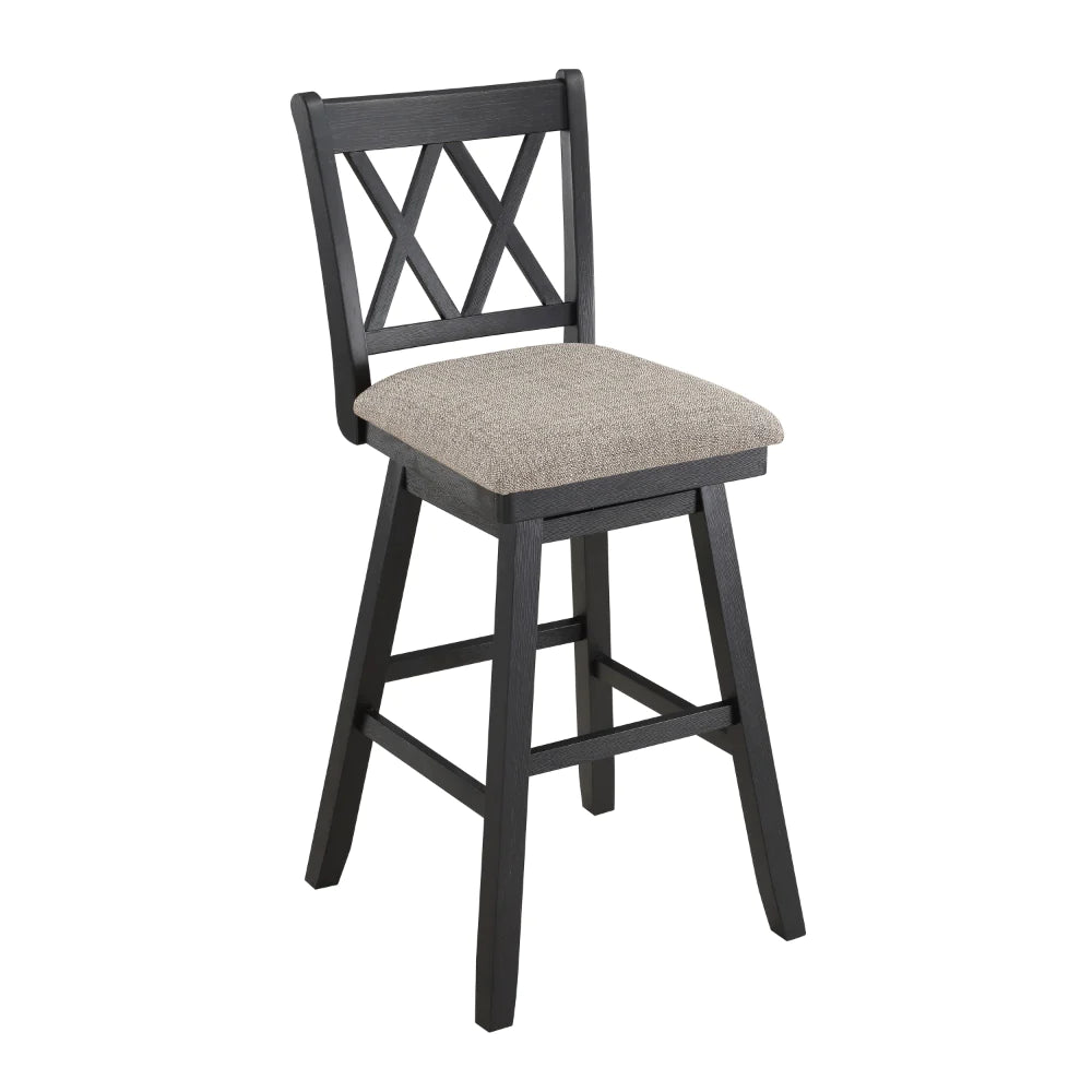 Jasmine 29 Inch Handcrafted Rustic 360 Degree Swivel Barstool Chair, Crossed Black Wood Frame, Gray Seat Cushion - UPT-295408