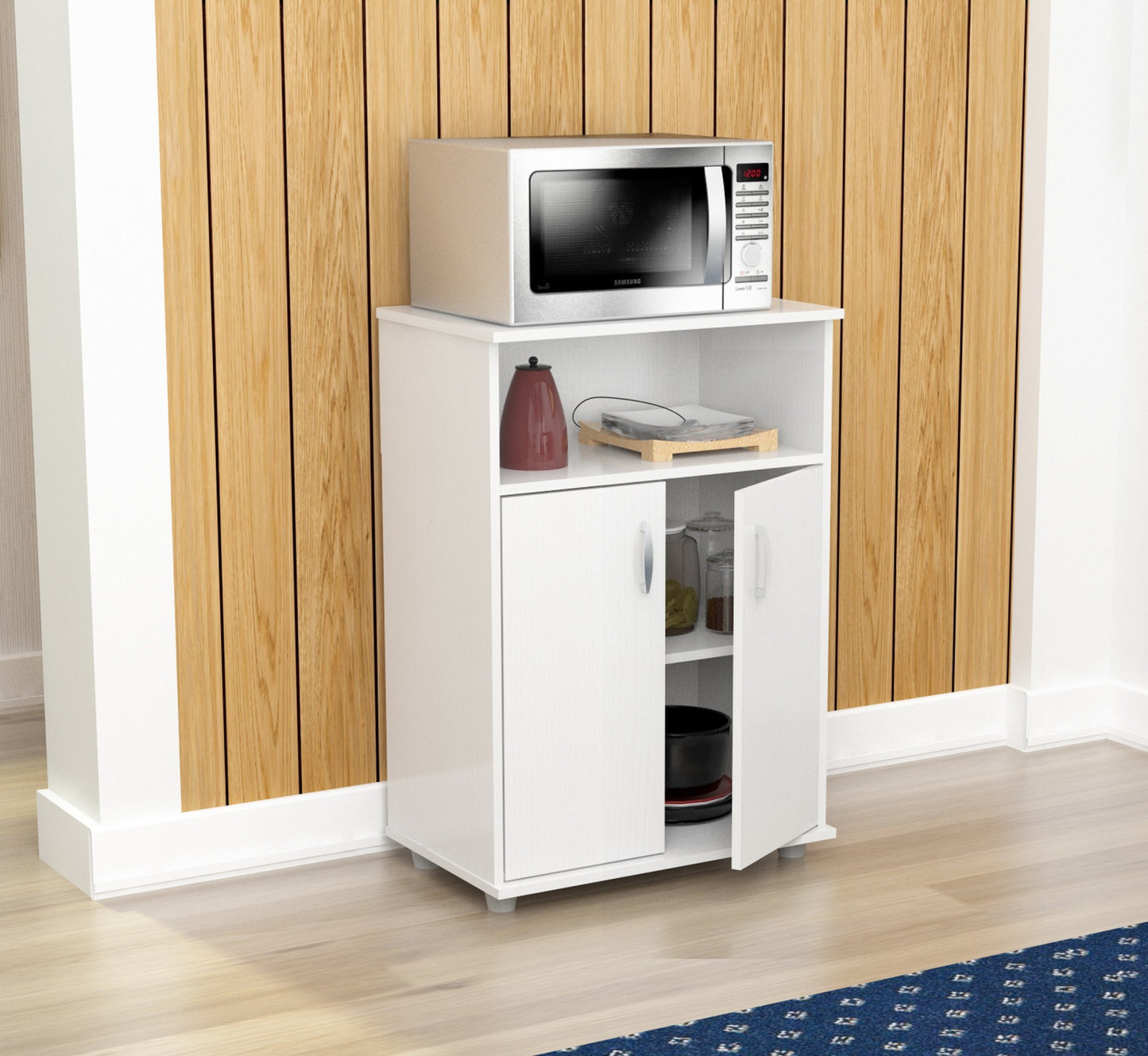 White Finish Wood Microwave Cart With Cabinet- 249842