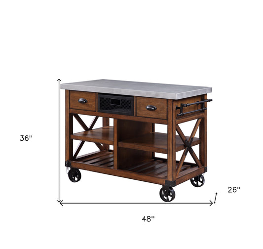 Brown And Silver 48" Rolling Kitchen Cart With Storage-285820