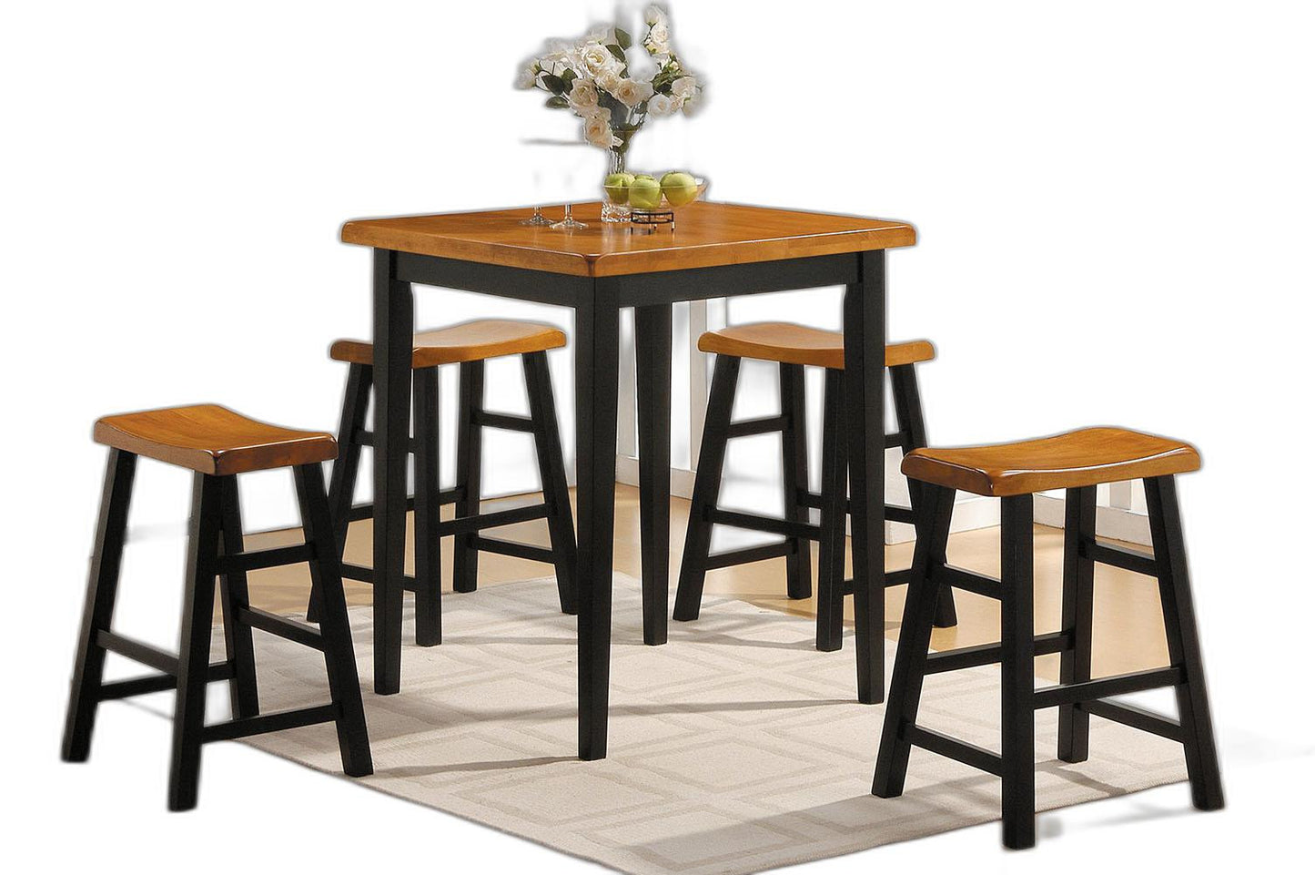 Five Piece Brown And Black Square Solid Wood Dining Set With Four Chairs