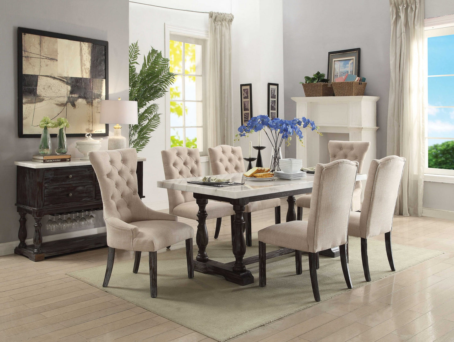 White And Gray Marble Solid Wood Dining Table- 347309