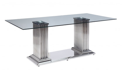 Stainless Steel Clear Glass Mirror Dining Table Wdouble Pedestal- 347319