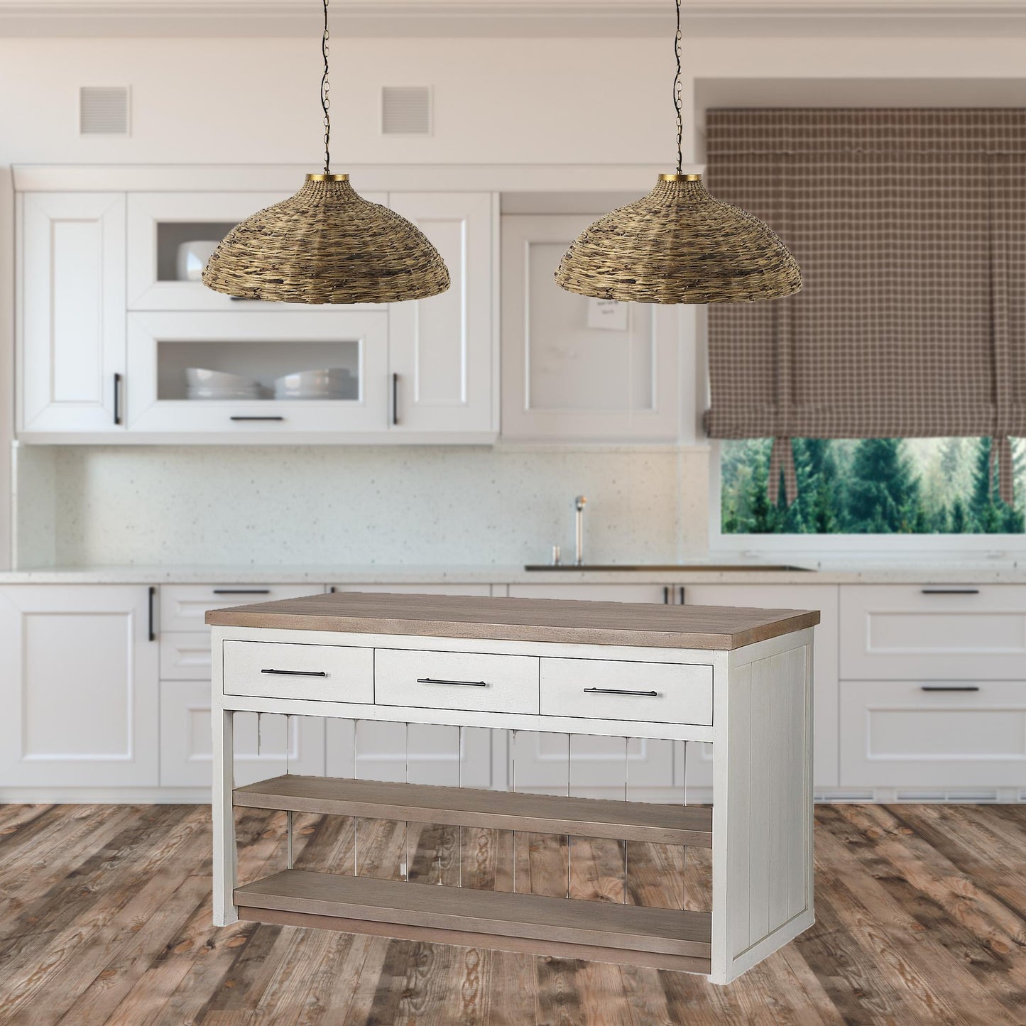 White And Brown Two Tone Wooden Kitchen Island With 3 Drawers- 380616