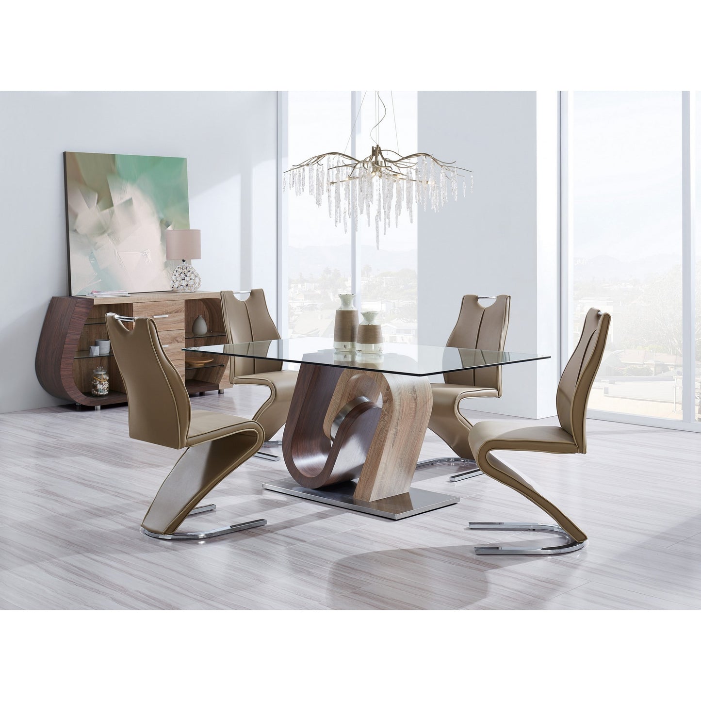 Oak And Walnut Two Toned Geometrical Base With Glass Top Dining Table- 383827