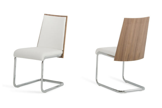 Set Of 2 Modern White Faux Leather And Walnut Finish Dining Chairs- 384362
