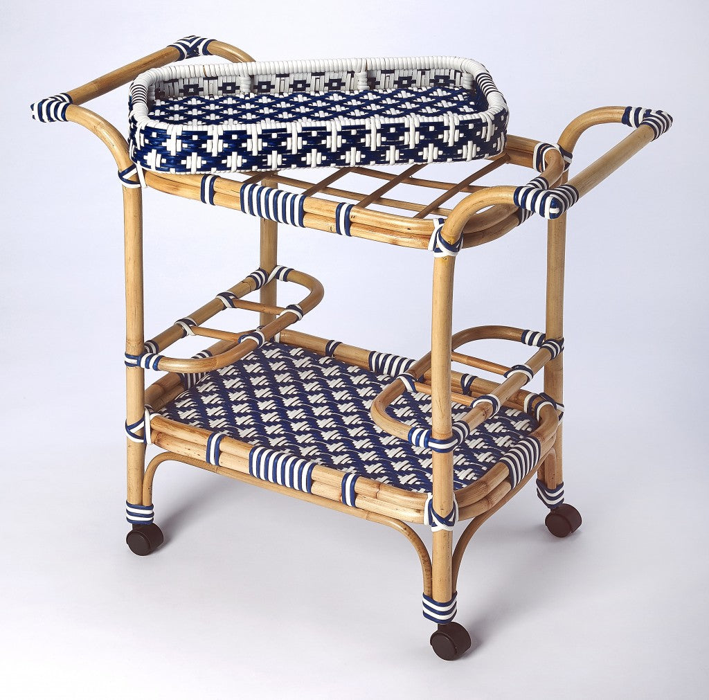 Blue And White Rattan Bar Cart- 388948