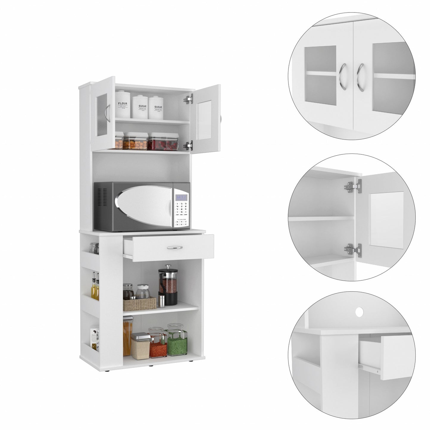 White Pantry Cabinet With Two Door Panels And Side Open Shelves-473314