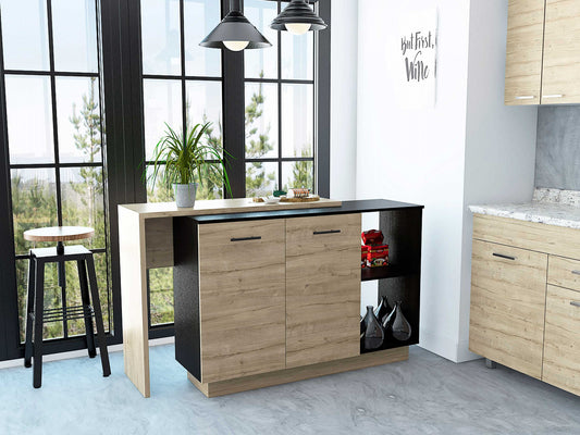 Black And Light Oak Contemporary Kitchen Island With Bar Table- 474090