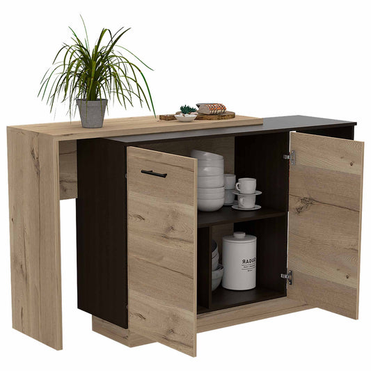 Black And Light Oak Contemporary Kitchen Island With Bar Table- 474090