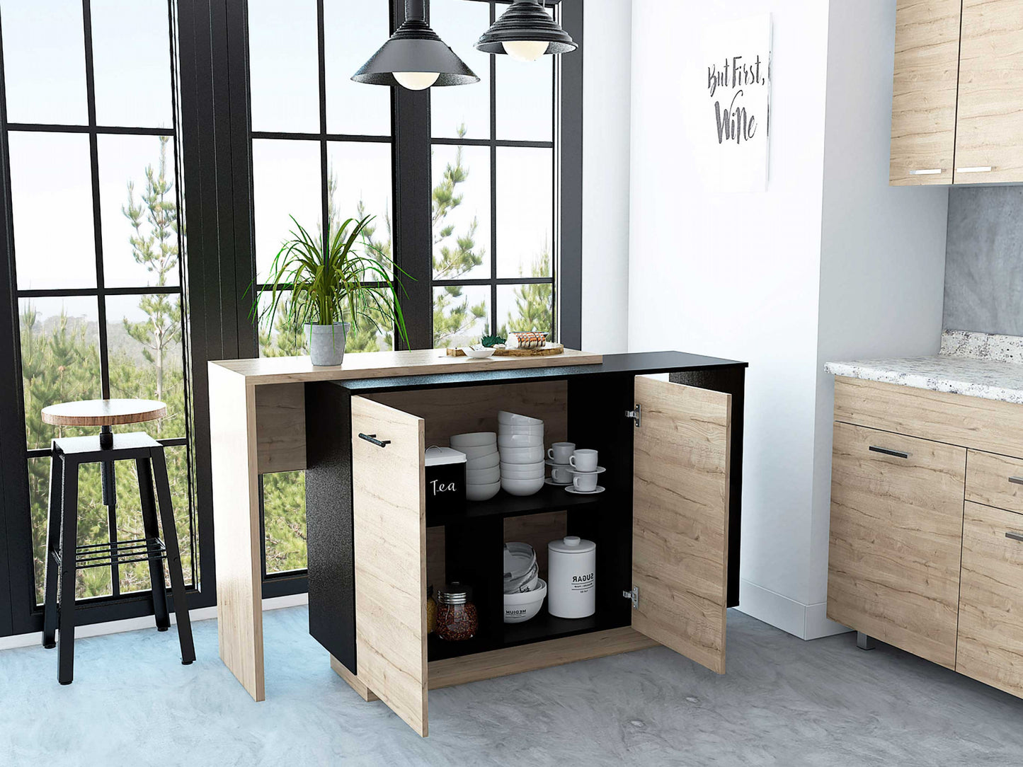 Black And Light Oak Contemporary Kitchen Island With Bar Table- 474090