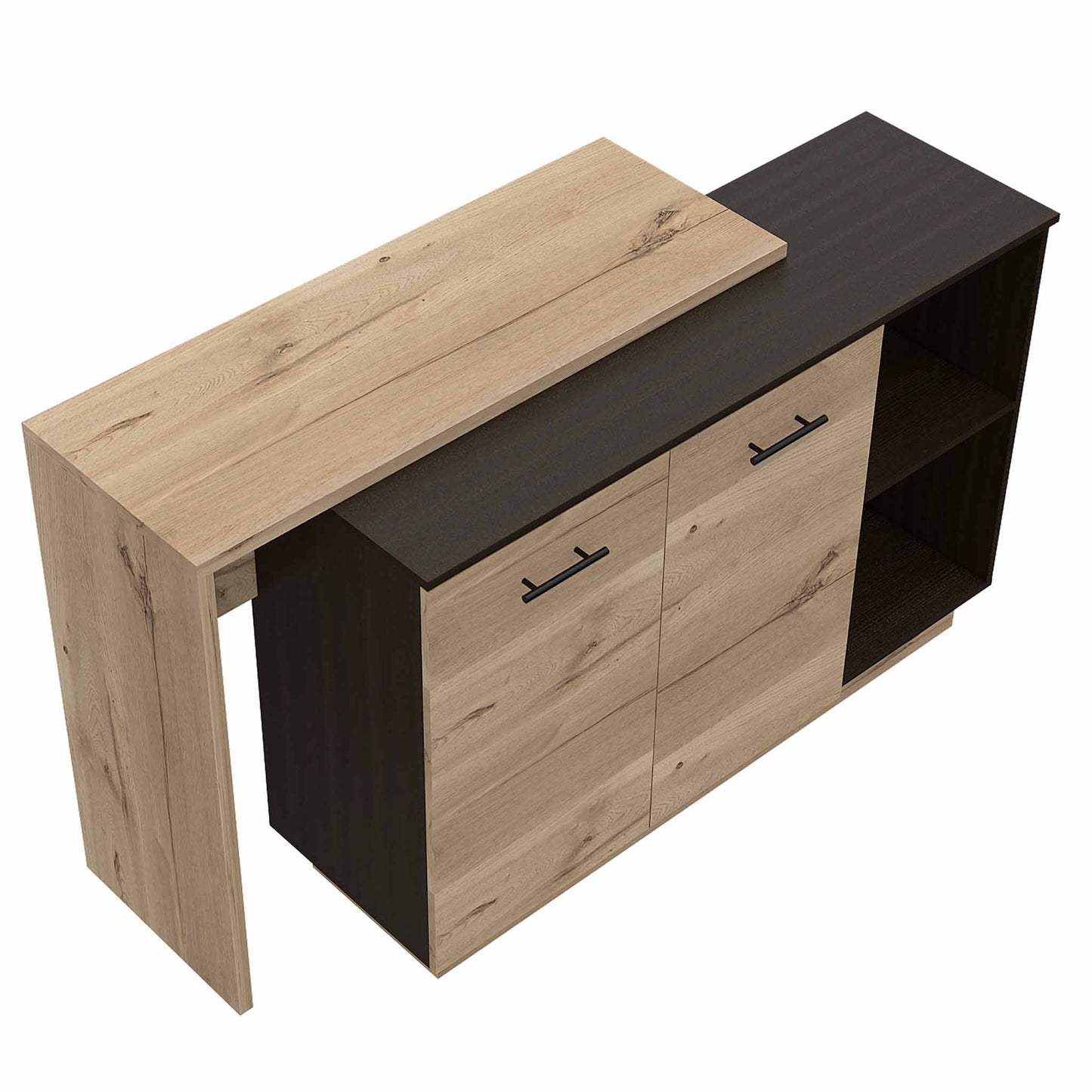 Black And Light Oak Contemporary Kitchen Island With Bar Table- 474090