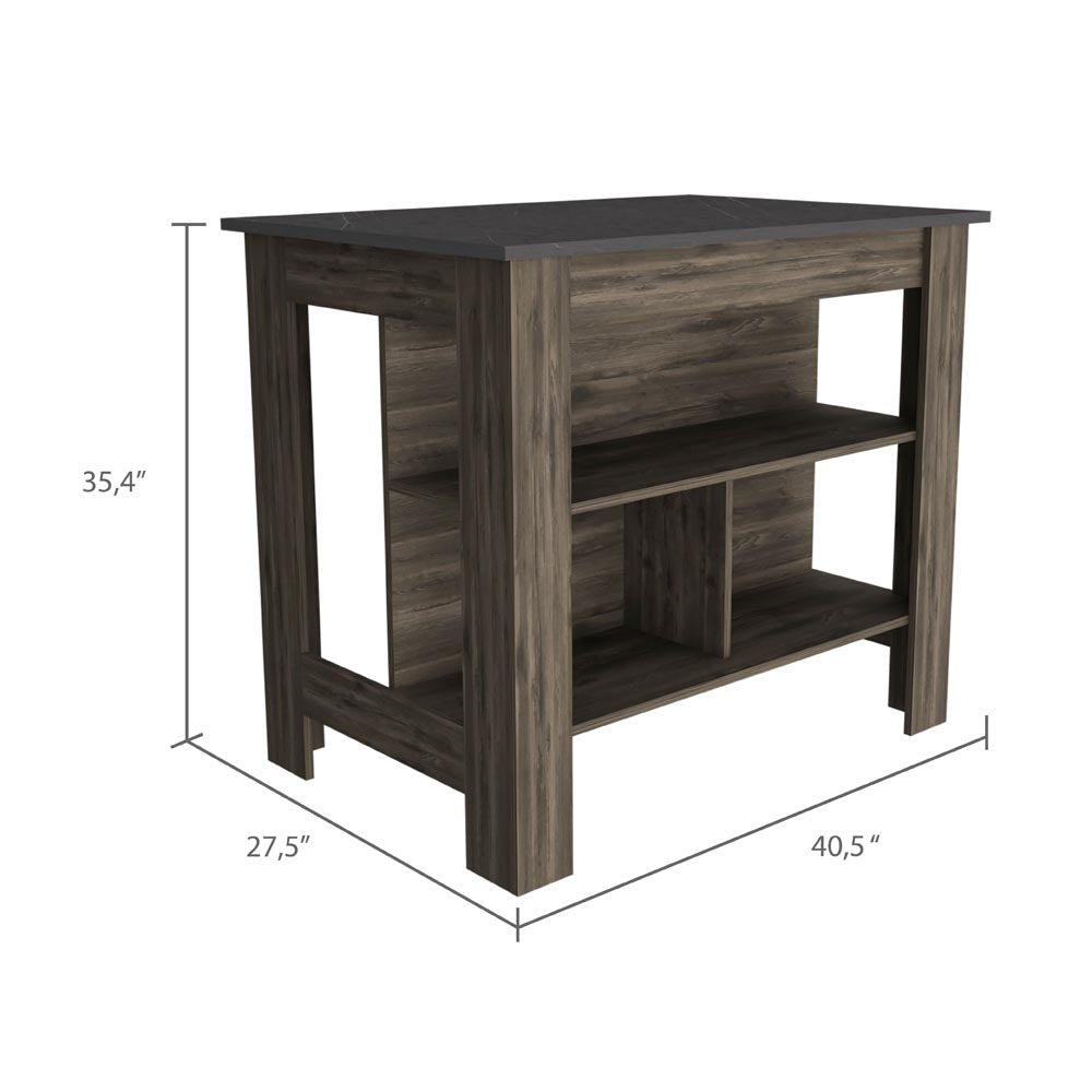 Dark Brown And Onyx Kitchen Island With Three Storage Shelves- 474092