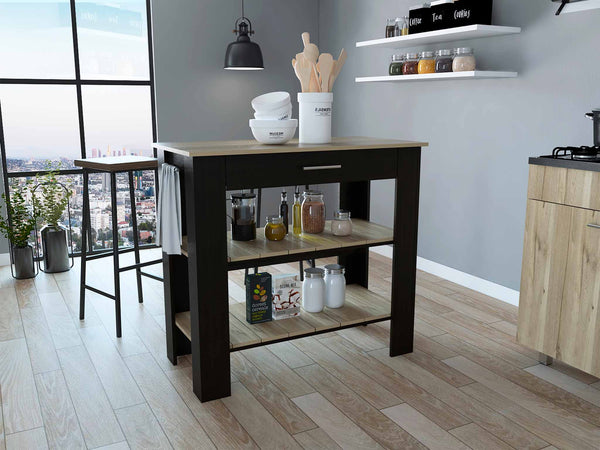 Light Oak And Black Kitchen Island With Drawer And Two Open Shelves-474094