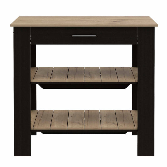 Light Oak And Black Kitchen Island With Drawer And Two Open Shelves-474094