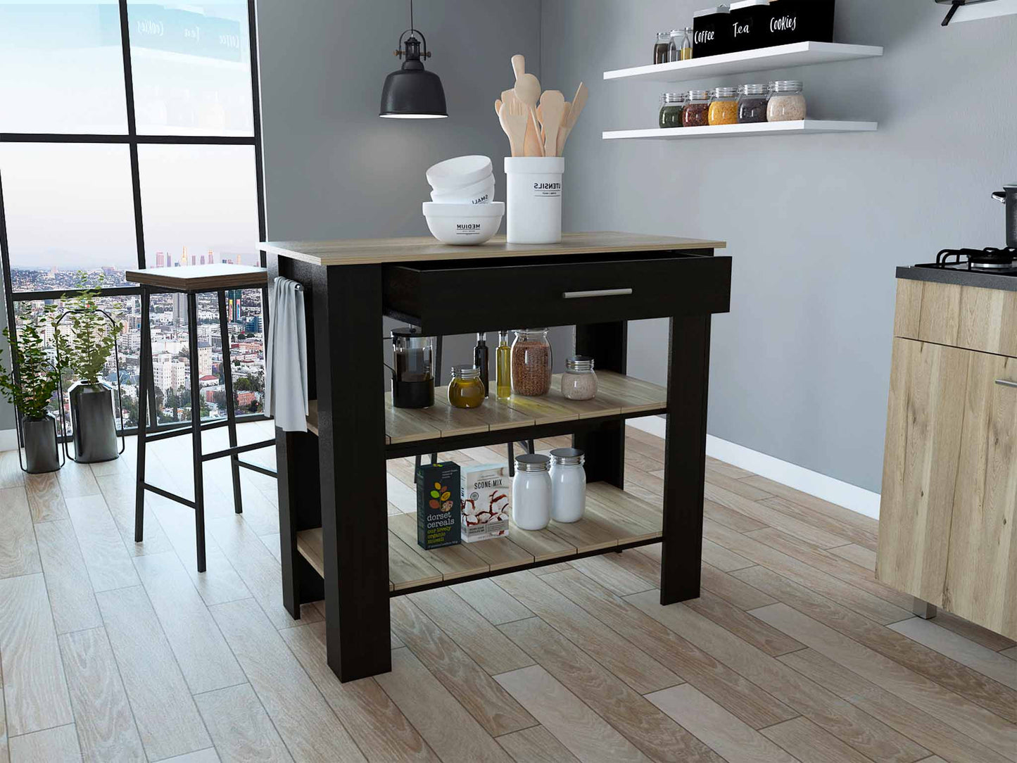 Light Oak And Black Kitchen Island With Drawer And Two Open Shelves-474094