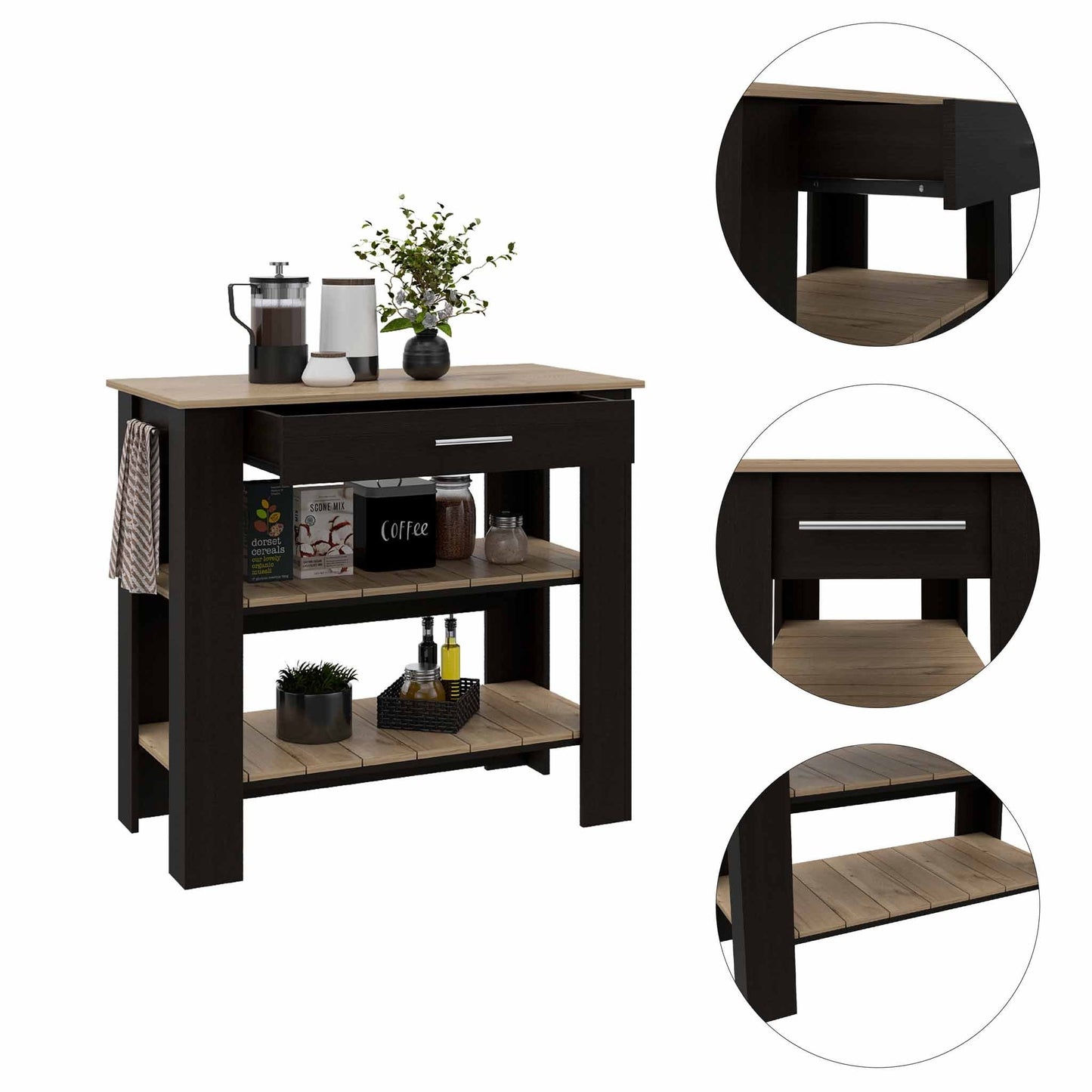 Light Oak And Black Kitchen Island With Drawer And Two Open Shelves-474094