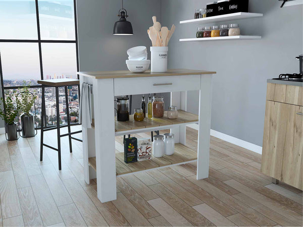 Light Oak And White Kitchen Island With Drawer And Two Open Shelves- 474095