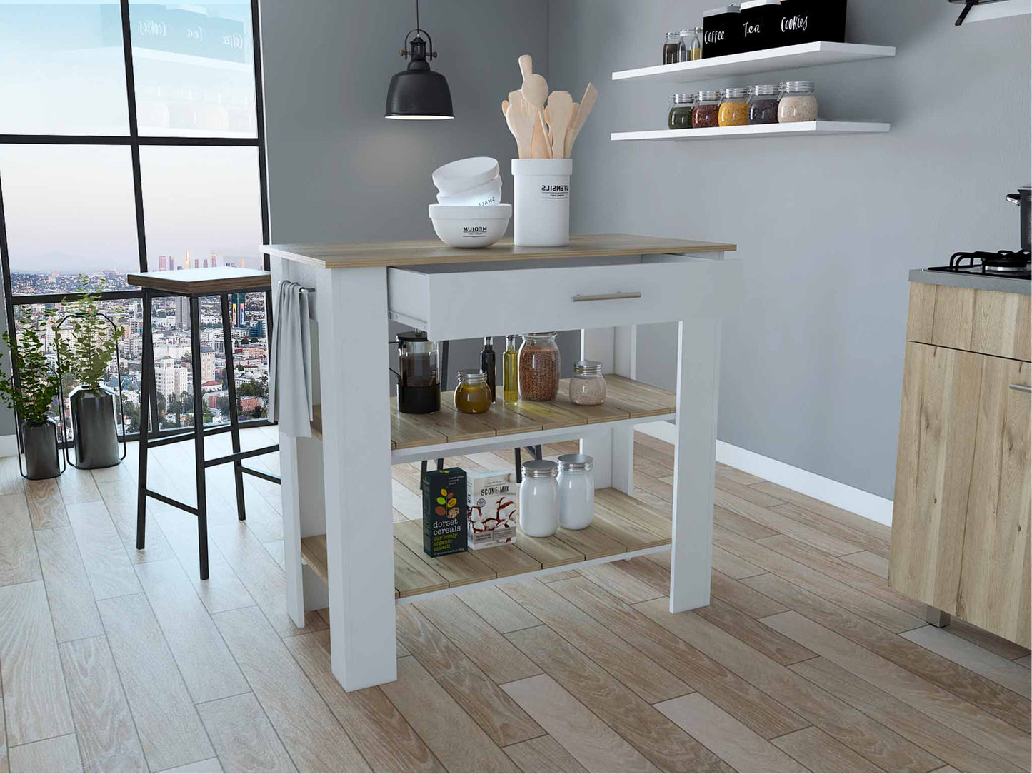 Light Oak And White Kitchen Island With Drawer And Two Open Shelves- 474095