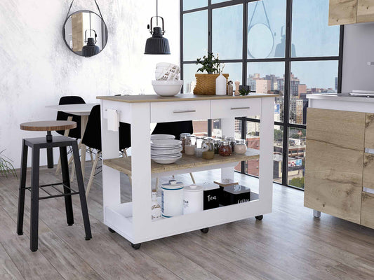 Light Oak And White Kitchen Island With Drawer Shelves And Casters- 474097