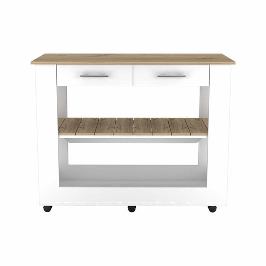 Light Oak And White Kitchen Island With Drawer Shelves And Casters- 474097