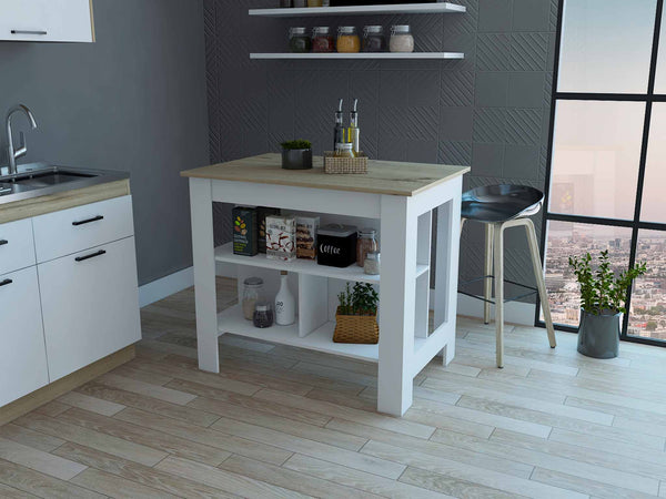 Light Oak And White Kitchen Island With Three Storage Shelves- 474098