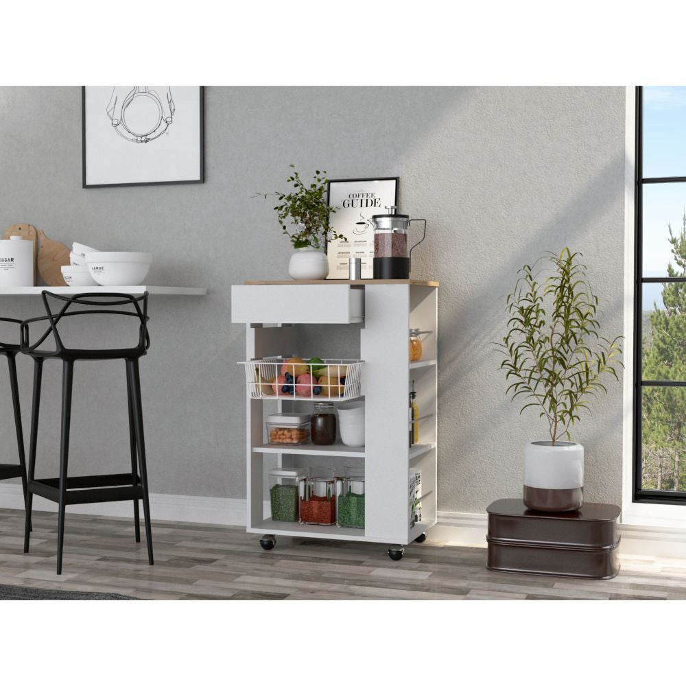 Sleek White And Light Oak Portable Kitchen Cart- 477881