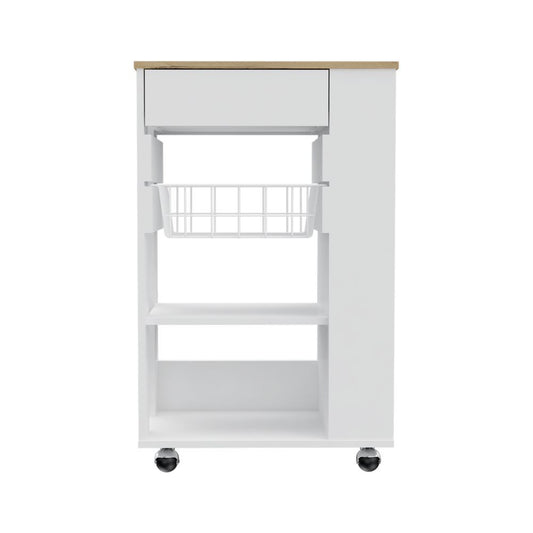 Sleek White And Light Oak Portable Kitchen Cart- 477881