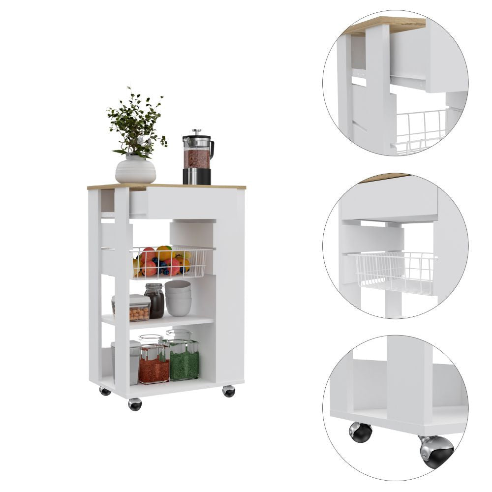 Sleek White And Light Oak Portable Kitchen Cart- 477881