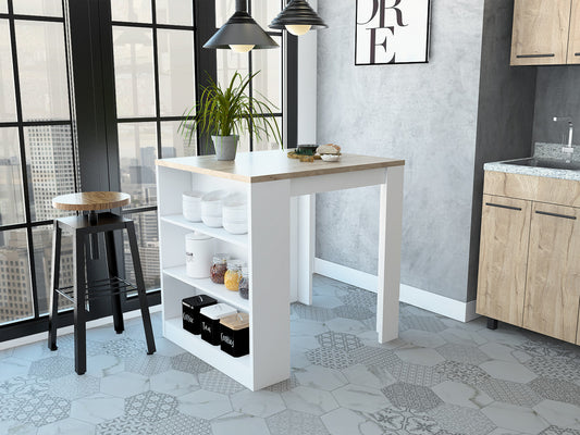 Stylish White And Pine Kitchen Counter And Dining Table Combination-477891