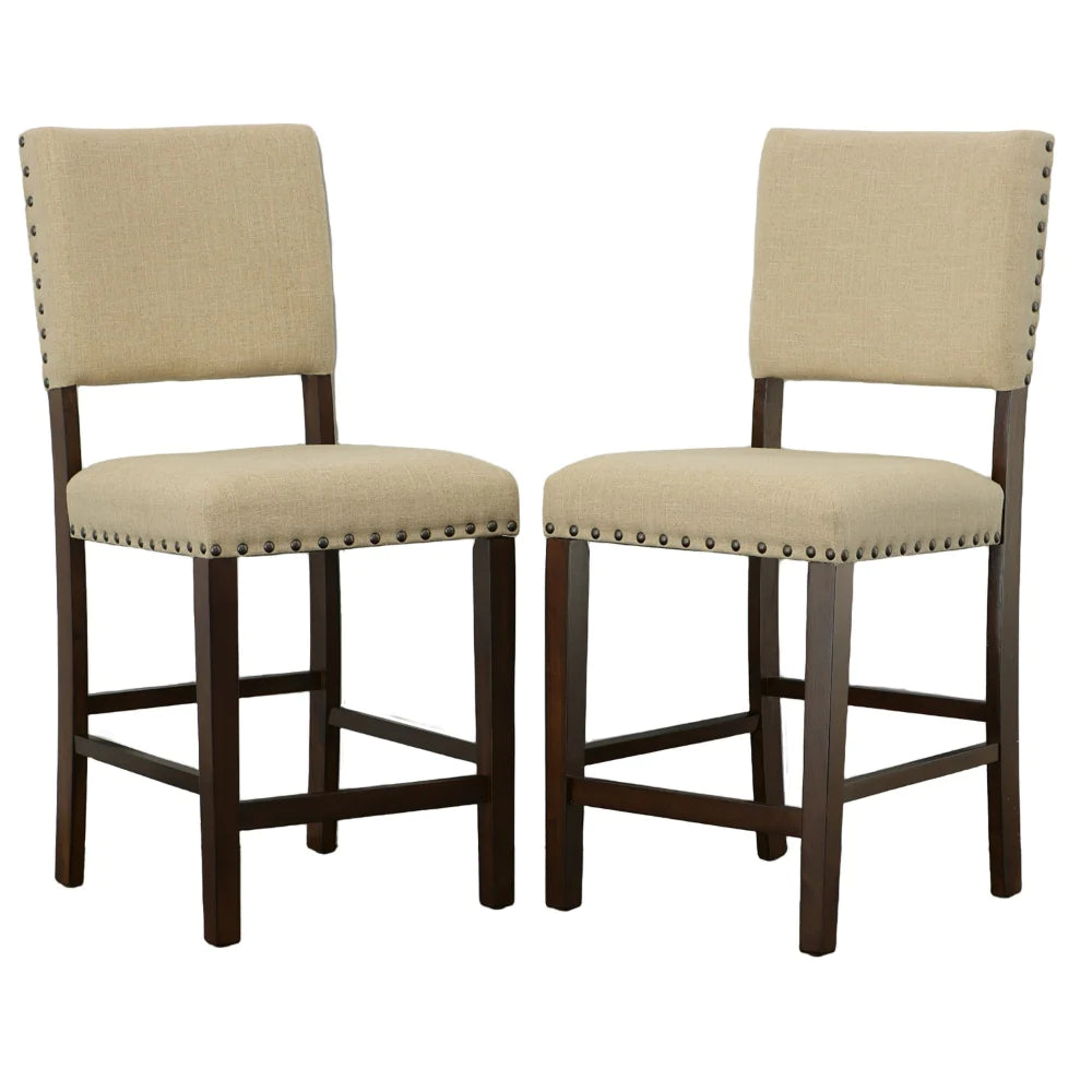 Fabric Counter Height Chair With Nailhead Trims, Set Of 2, Brown And Cream - BM131110