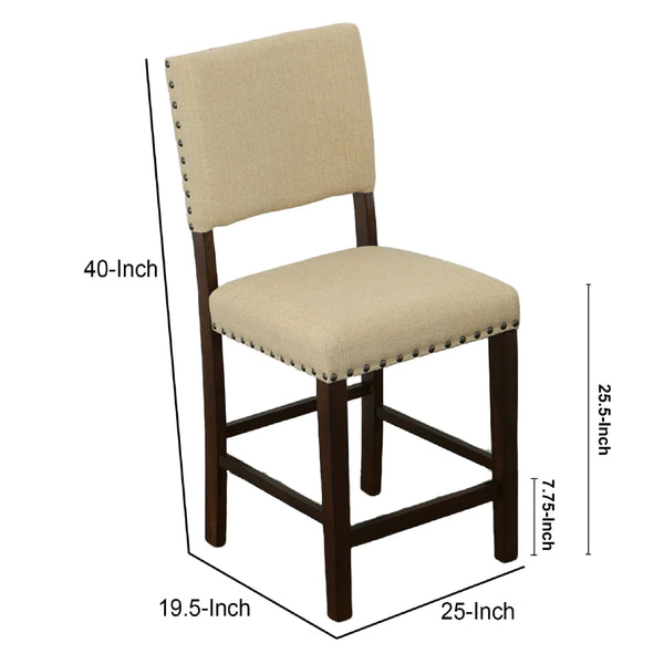 Fabric Counter Height Chair With Nailhead Trims, Set Of 2, Brown And Cream - BM131110