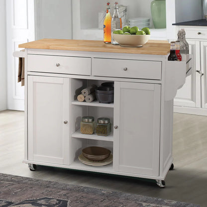 Wood Kitchen Cart, 2 Door Cabinet, Natural Brown, White - BM163658