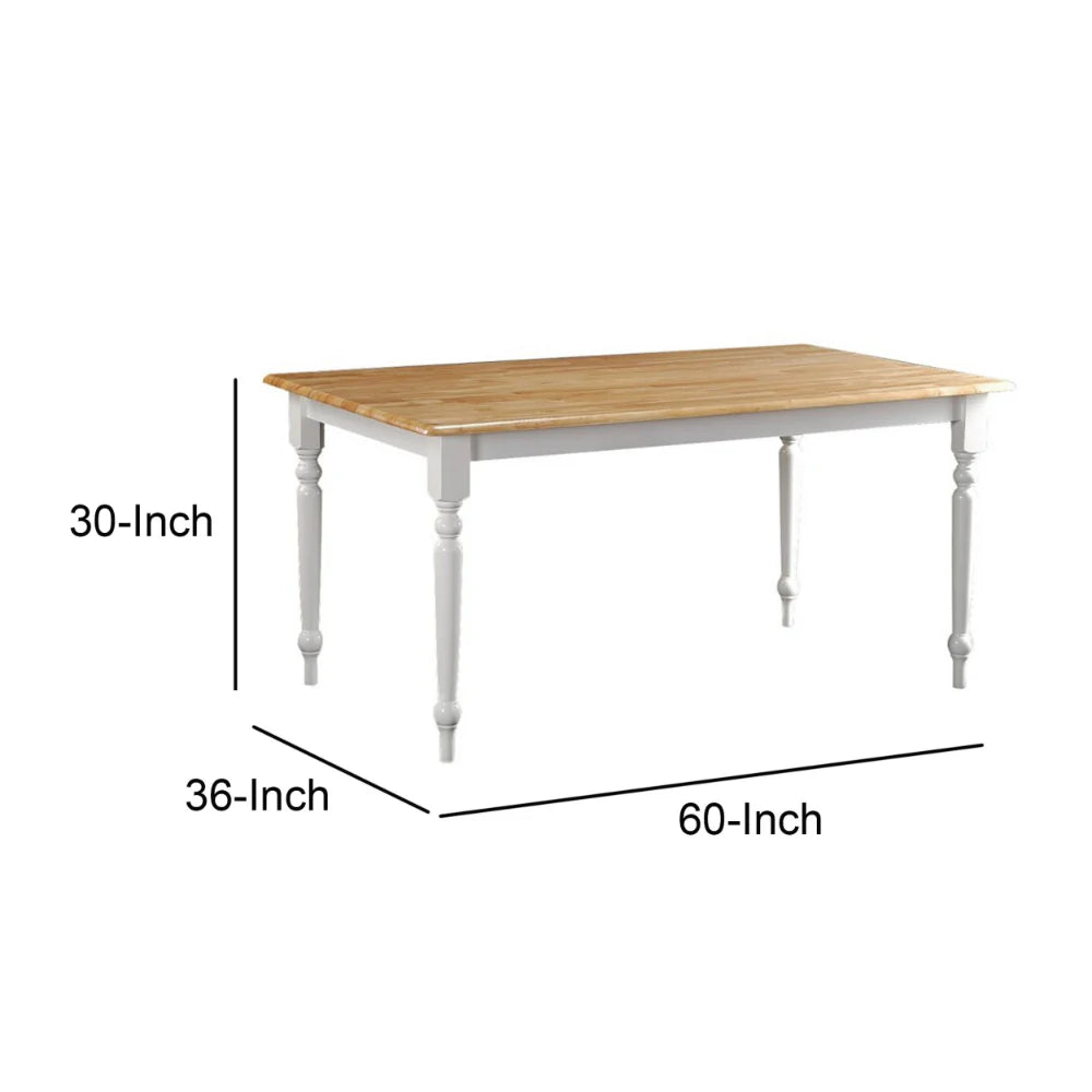 Grained Rectangular Wooden Dining Table With Turned Legs, Brown And White - BM183400