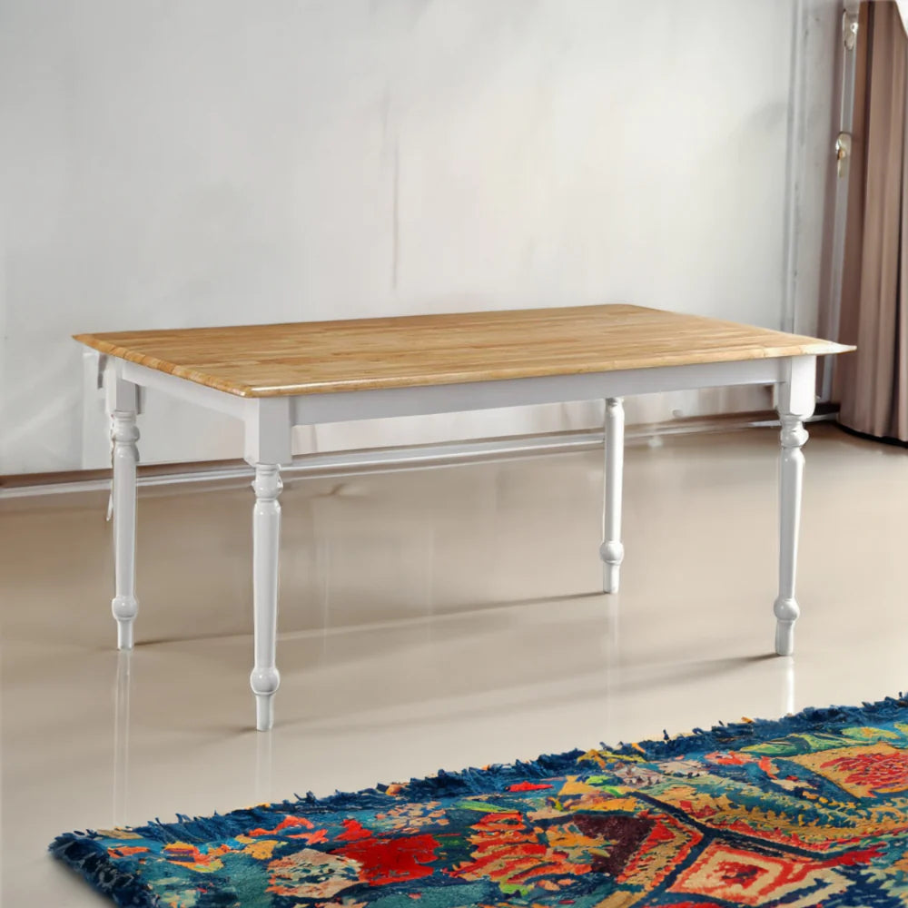 Grained Rectangular Wooden Dining Table With Turned Legs, Brown And White - BM183400