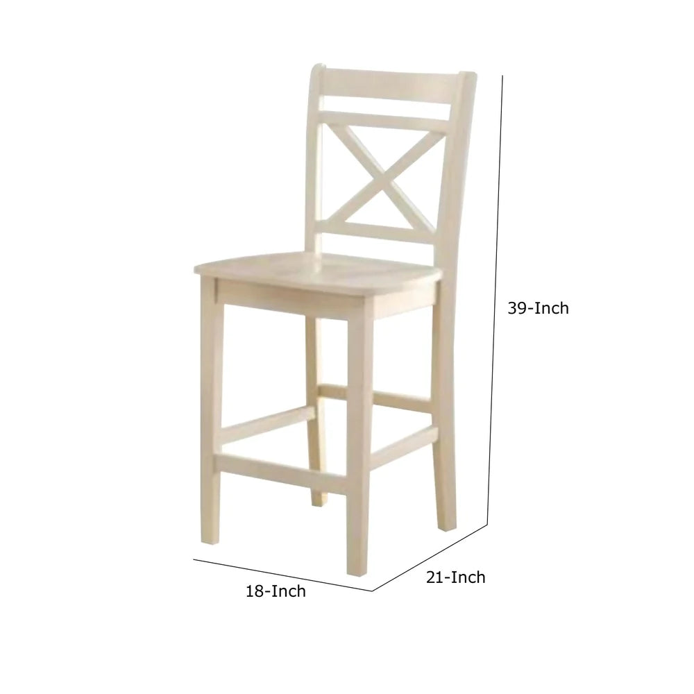 BM186214 Transitional Style Wooden Counter Height Chair With Cross Back, Set Of 2, Cream