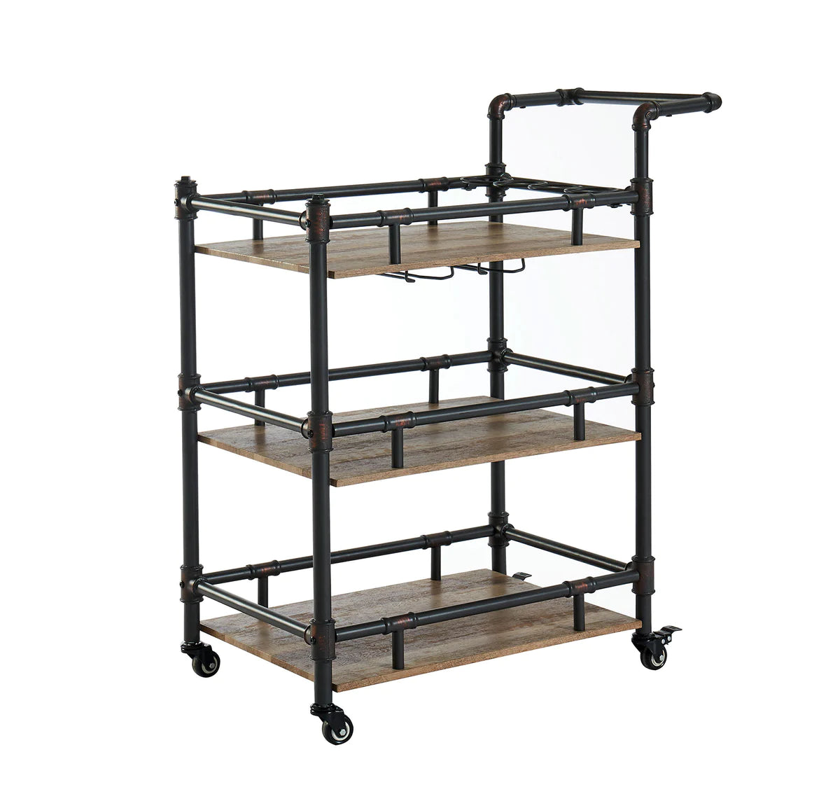 BM188330 - Rustic Three Tier Wood And Metal Serving Cart, Black And Brown