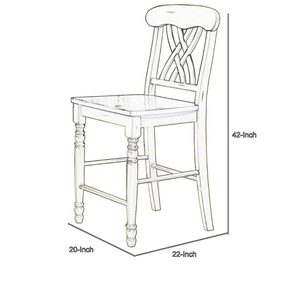 Wooden Counter Height Chair With Overlapped Design Back And Scoop Seat, White And Brown, Set Of Two - BM194405